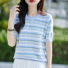 小花提花短袖T恤女夏季2025新款打底衫洋气大码女装冰丝针织上衣，女装针织衫/毛衣，斯美雅安迪绒
