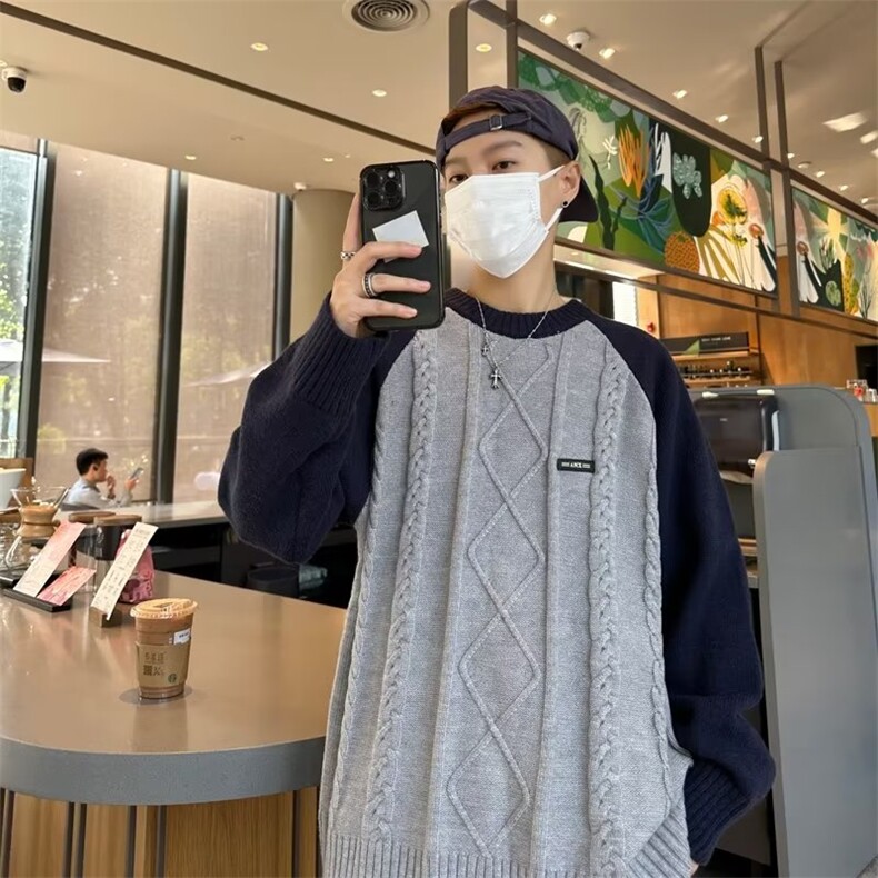 美式圆领毛衣男慵懒风休闲针织衫 M320 P46图片