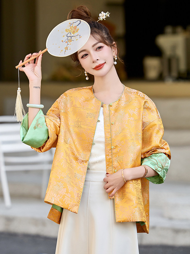 新中式宋锦圆领盘扣外套女原创设计黄色复古洋气休闲宽松上衣,女装短外套,艾仟回(原伊仟回)