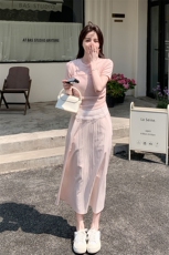 粉色设计感假两件连衣裙夏季女新款甜美修身显瘦小个子减龄长裙子，女装连衣裙，2C212