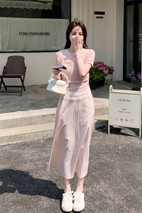 粉色设计感假两件连衣裙夏季女新款甜美修身显瘦小个子减龄长裙子图片