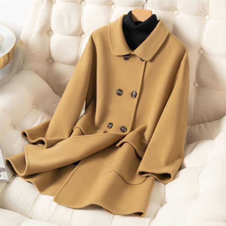 秋冬新款绵羊毛双面呢大衣中长款时尚娃娃领羊毛外套，女装双面呢大衣，温鑫双面呢