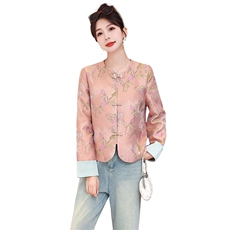 新中式国风盘扣外套女2025新款春秋款刺绣提花上衣短款小个子粉色，女装短外套，沁沁公主