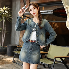 牛仔短裙套装女春秋时尚洋气时髦2025新款小个子漂亮独特套装裙，女装套装/套裙，意芙