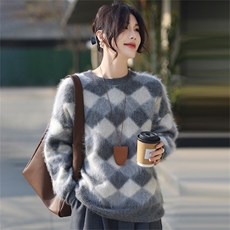 2025年秋季时尚百搭通勤简约休闲小菱形宽松羊毛衫，女装羊毛衫，暮绒羊羊绒