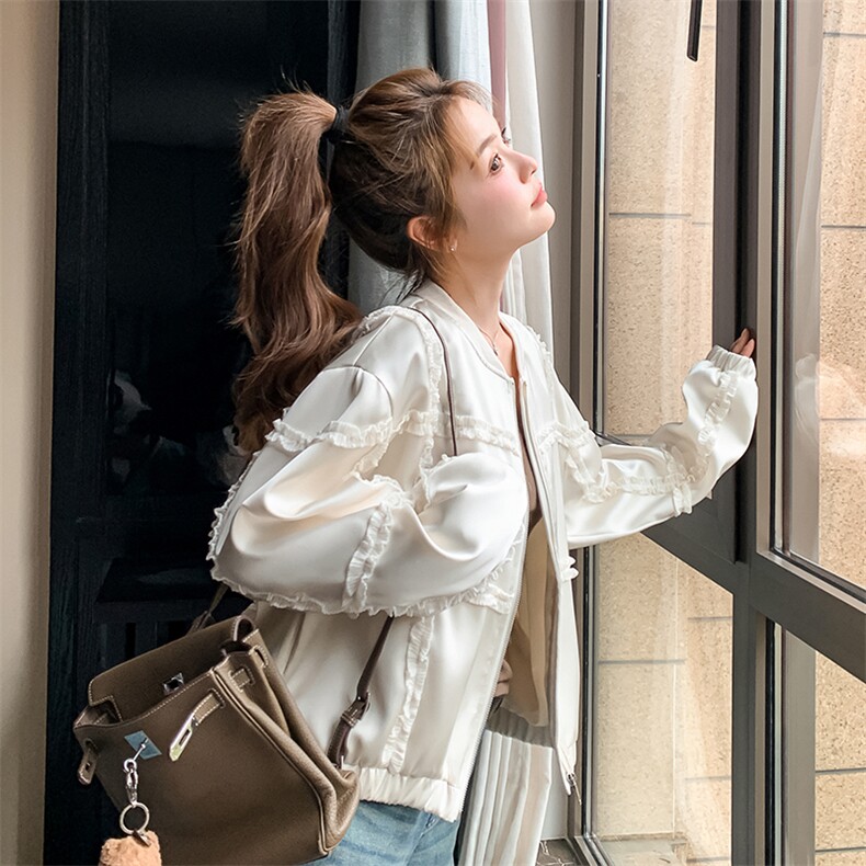 米色木耳边棒球服短款外套女2025春秋季新款韩版显瘦减龄夹克上衣,女装短外套,浙宝A馆126
