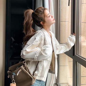 米色木耳边棒球服短款外套女2025春秋季新款韩版显瘦减龄夹克上衣图片