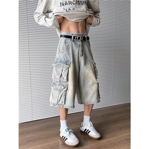 七分牛仔裤男女韩版潮流多口袋帅气2025夏季ins短裤RK2604-P58图片