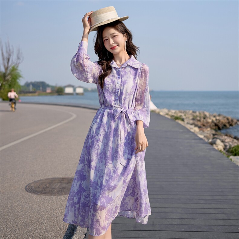 紫色碎花衬衫连衣裙女新款法式独特气质收腰裙子,女装连衣裙,韩蔻秀