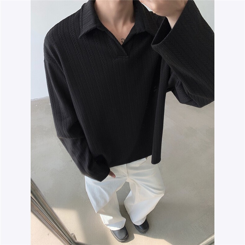 美式老钱风V领POLO衫男麦穗纹cleanfit长袖卫衣外套2025春季 P45图片