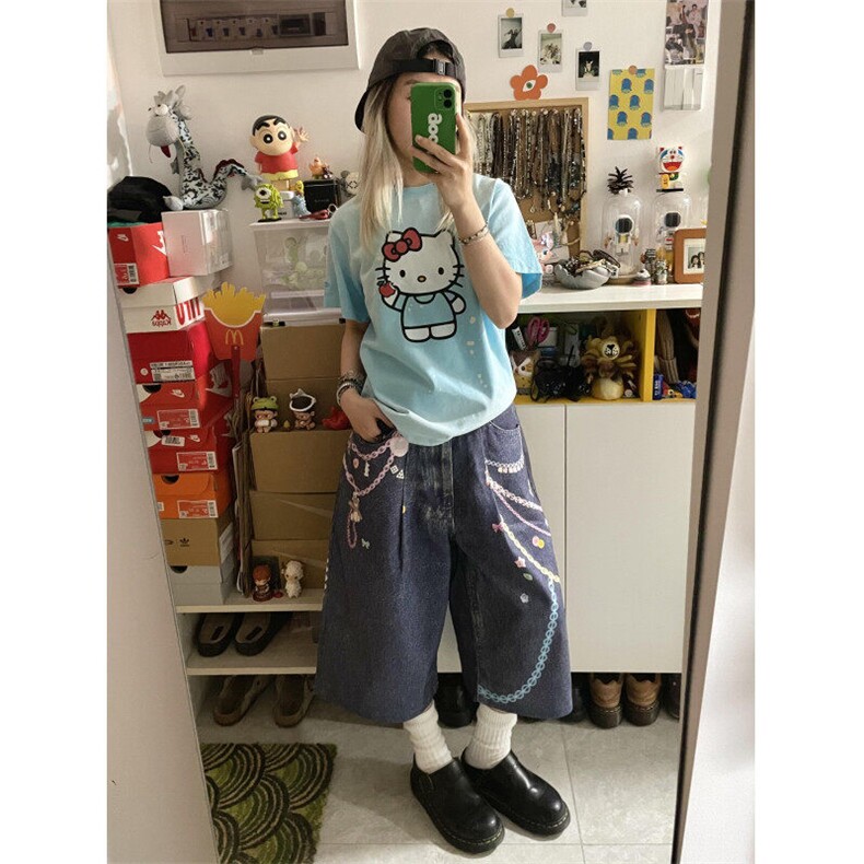 【有货】N1241CC-特P53美式3D链条彩色印花七分牛仔短裤男女,男装牛仔裤,星座1007（原301D）