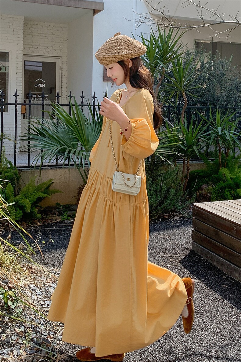 黄色法式度假风灯笼袖连衣裙女2026春新款超好看宽松减龄过膝长裙,女装连衣裙,2C177