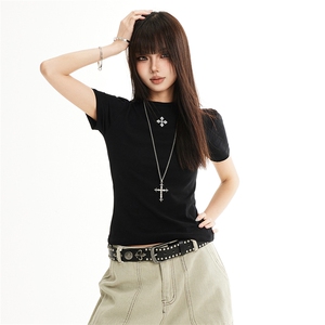 美式复古辣妹十字紧身短袖T恤女显瘦短款上衣打底衫春夏YD265-P30图片
