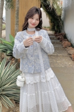 蓝色新中式提花外套女2025春秋新款国风上衣显瘦吊带连衣裙两件套，女装短外套，2C292