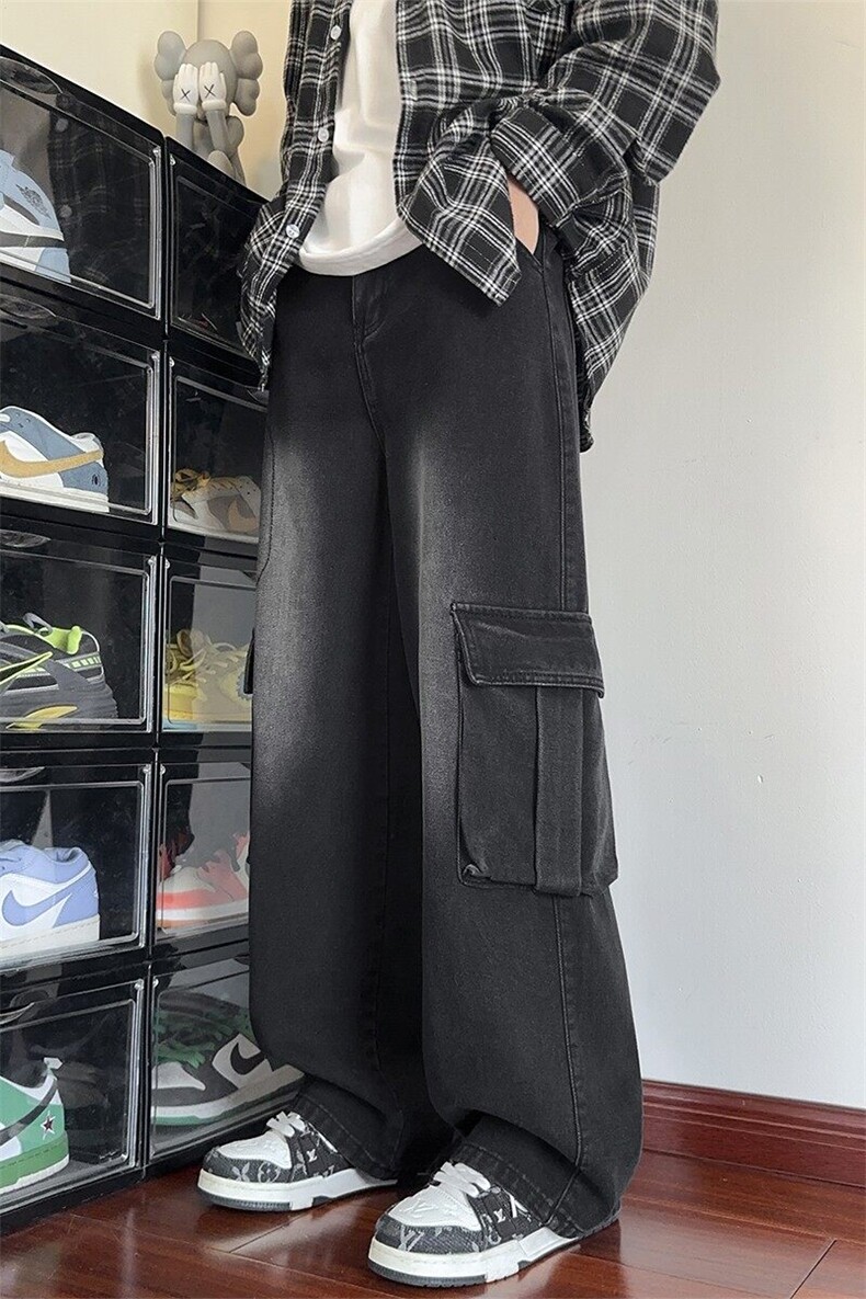 特批P45无差价25秋水洗复古工装牛仔裤男设计感大码拖地裤N9066B,男装牛仔裤,电商A001