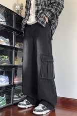 特批P45无差价25秋水洗复古工装牛仔裤男设计感大码拖地裤N9066B，男装牛仔裤，电商A001