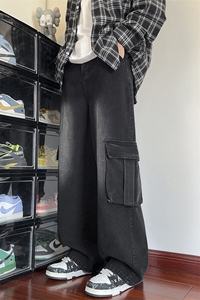 特批P45无差价25秋水洗复古工装牛仔裤男设计感大码拖地裤N9066B图片