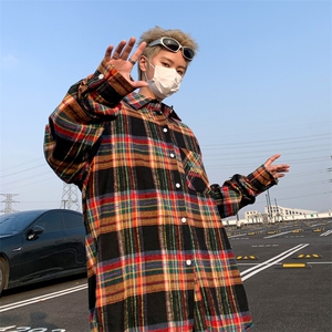 春季新款复古磨毛刺绣格子长袖衬衫男宽松休闲衬衣外套 C552图片