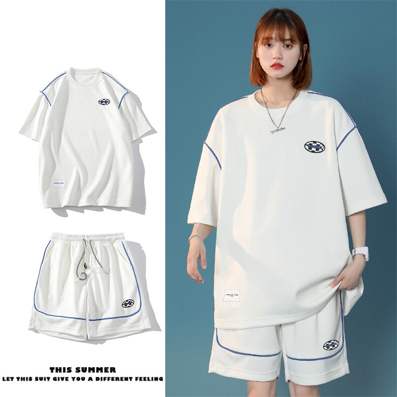 2024夏装港风学生潮绣标短袖T恤两件套套装男女 8046-P78 控价98图片