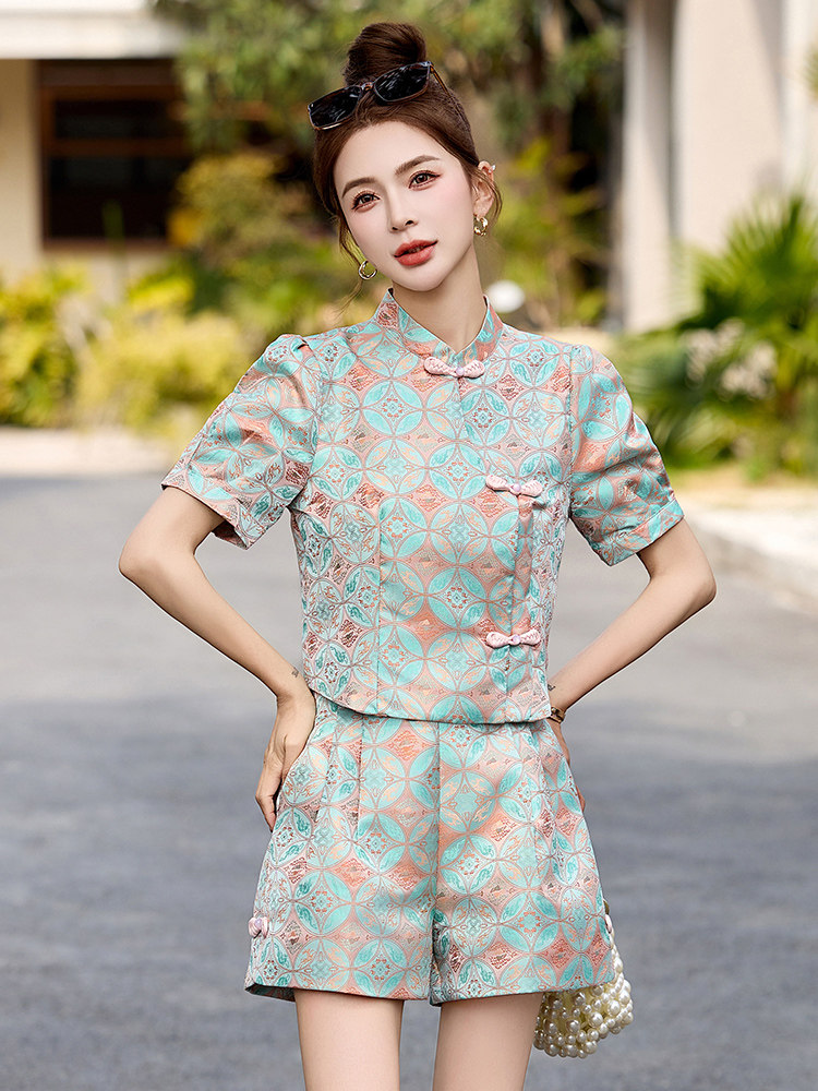 新中式国风盘扣短裤套装女2025夏季新款小个子独特别致好看两件套,女装套装/套裙,韩宇舍