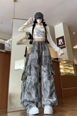 小众复古脏脏裤大口袋牛仔工装情侣高街宽松直筒阔腿裤A633p55，男装工装外套，电商D315A