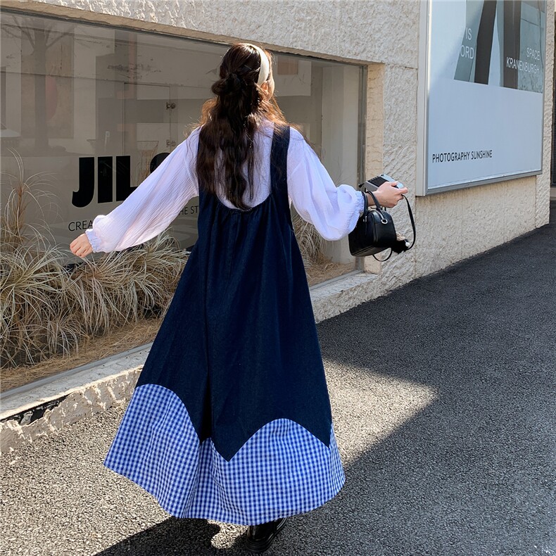 现货新款格子拼接牛仔学院风背带裙套装2C282-210P185K298,女装套装/套裙,2C282