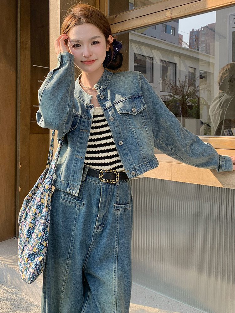 复古港风牛仔休闲套装女2025年秋季时尚气质小个子两件套,女装套装/套裙,浙宝305