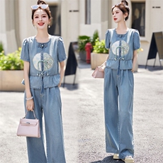 中国风方领牛仔套装女2025夏季新款休闲薄款减龄优雅女神范两件套，女装套装/套裙，欣品汇