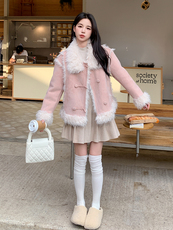 现货主推皮毛一体加厚粉色翻领210-6361-P195-K288公主风，女装羊羔毛/颗粒绒，韩蜜菓