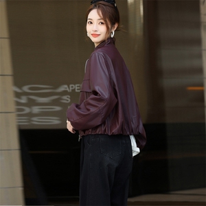 2024新款秋宽松显瘦休闲皮衣夹克中古机车立领外套女红夹克图片