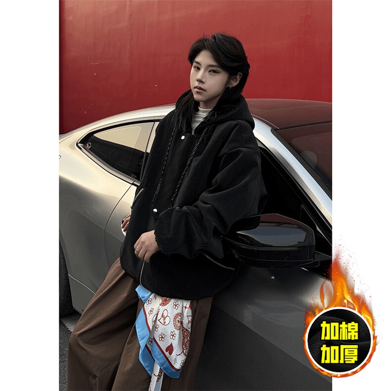 现货高品质美式高街重磅座山雕连帽pu皮棉衣男女加厚毛毛绒冬外套，男装皮衣，电商A486-1