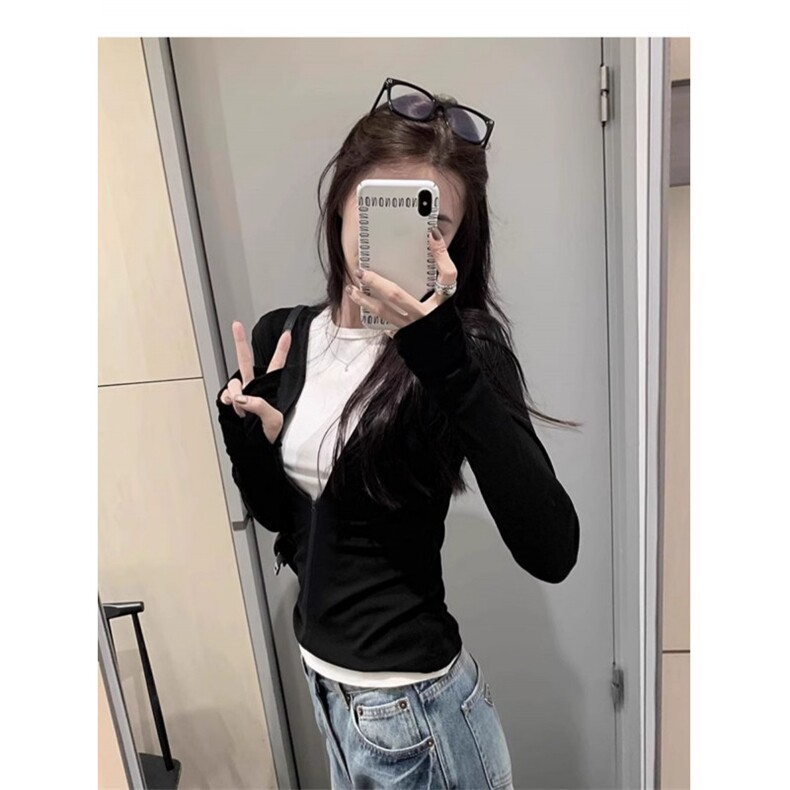 黑白撞色假两件打底上衣女秋冬2025新款修身V领长袖T恤辣妹内搭,男装T恤,星座506A
