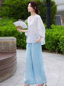 苎麻套装女夏2026新款宽松休闲时尚减龄棉麻阔腿裤两件套图片