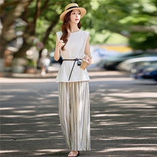 韩系干练气质套装女夏2025新款通勤职业收腰上衣条纹阔腿裤两件套，女装套装/套裙，微微衣阁