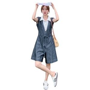 假两件拼接显瘦牛仔阔腿连体裤女夏2025新款小个子今年流行松弛感图片
