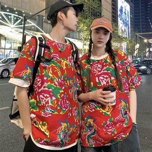 HT203夏情侣东北大花民族风牡丹花圆领短袖T恤青少年大码男女潮图片