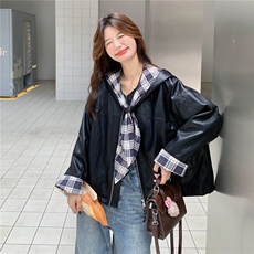 韩版时尚假两件短外套女洋气2025年秋季新款小个子显瘦工装夹克，女装皮衣，2C227