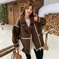 新品现货咖色拼接羊羔毛皮毛一体外套2C032217P195K288，女装棉衣/棉服，2C032