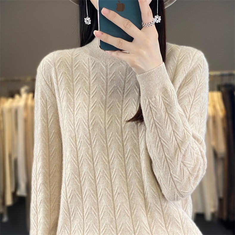 秋冬新款半高领提花100%纯羊毛衫女纯色长袖毛衣宽松羊绒衫打底衫,女装羊毛衫,鸿陌羊绒