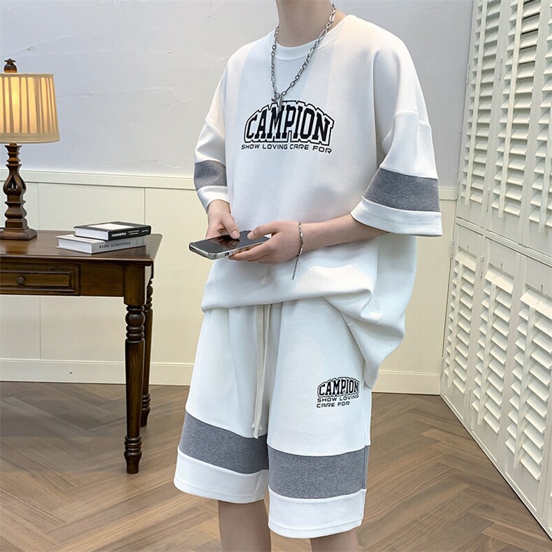 2025夏季新款运动服短袖T恤运动套装潮男痞帅一套搭配宽松短裤p45图片