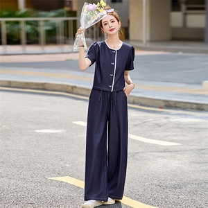 复古减龄天丝牛仔套装女2025夏季新款休闲短袖上衣阔腿长裤两件套图片
