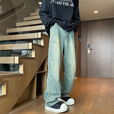 M-8XL春季新款高街褶皱牛仔裤牛仔裤大码宽松设计感式NZ9001/P55，男装牛仔裤，电商B238