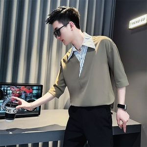痞帅衬衫男短袖假两件条纹超火七分袖2025新款高级感冰丝衣服男装图片