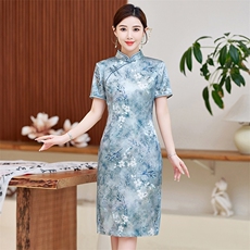 高级感杭州真丝长裙复古印花连衣裙女春夏日常专柜品质潮流桑蚕丝，女装汉服/婚纱/旗袍/礼服，小荷流