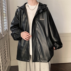 港风连帽鳄鱼纹PU皮衣大码情侣休闲冲锋衣夹克男JK8744P90控128，男装夹克，星座226-1