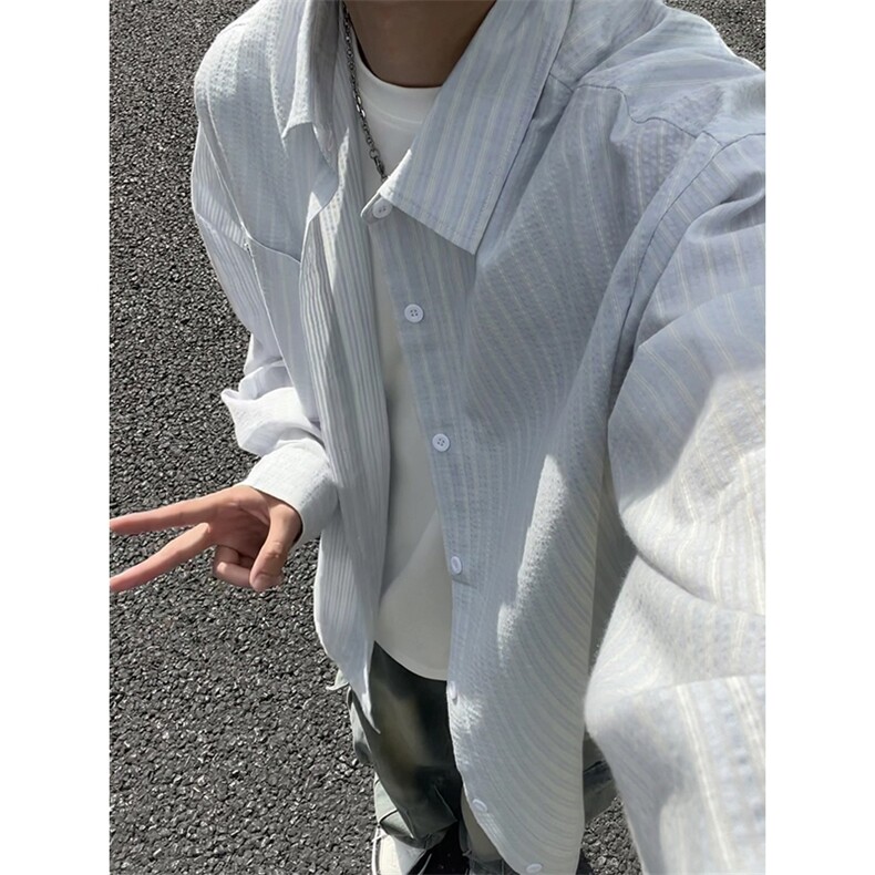 设计感日系条纹长袖衬衫男休闲衬衫复古上衣秋季C2266-特价P45,男装衬衫,电商A007