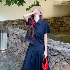 蕾丝拼接娃娃领系带上衣松紧腰半裙学院风套装女，女装套装/套裙，水衣源