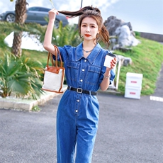 短袖牛仔连体裤女2022夏季新款女装韩版时尚显瘦连衣休闲裤，女装连体裤，慧尚依恋
