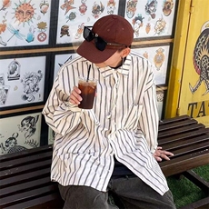 日系条纹长袖衬衫男春秋高级感痞帅衬衣美式复古休闲外套，男装衬衫，星座506A