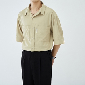 轻熟风全棉包扣休闲纯色短袖衬衫男透气衬衣A236-0839-P58图片